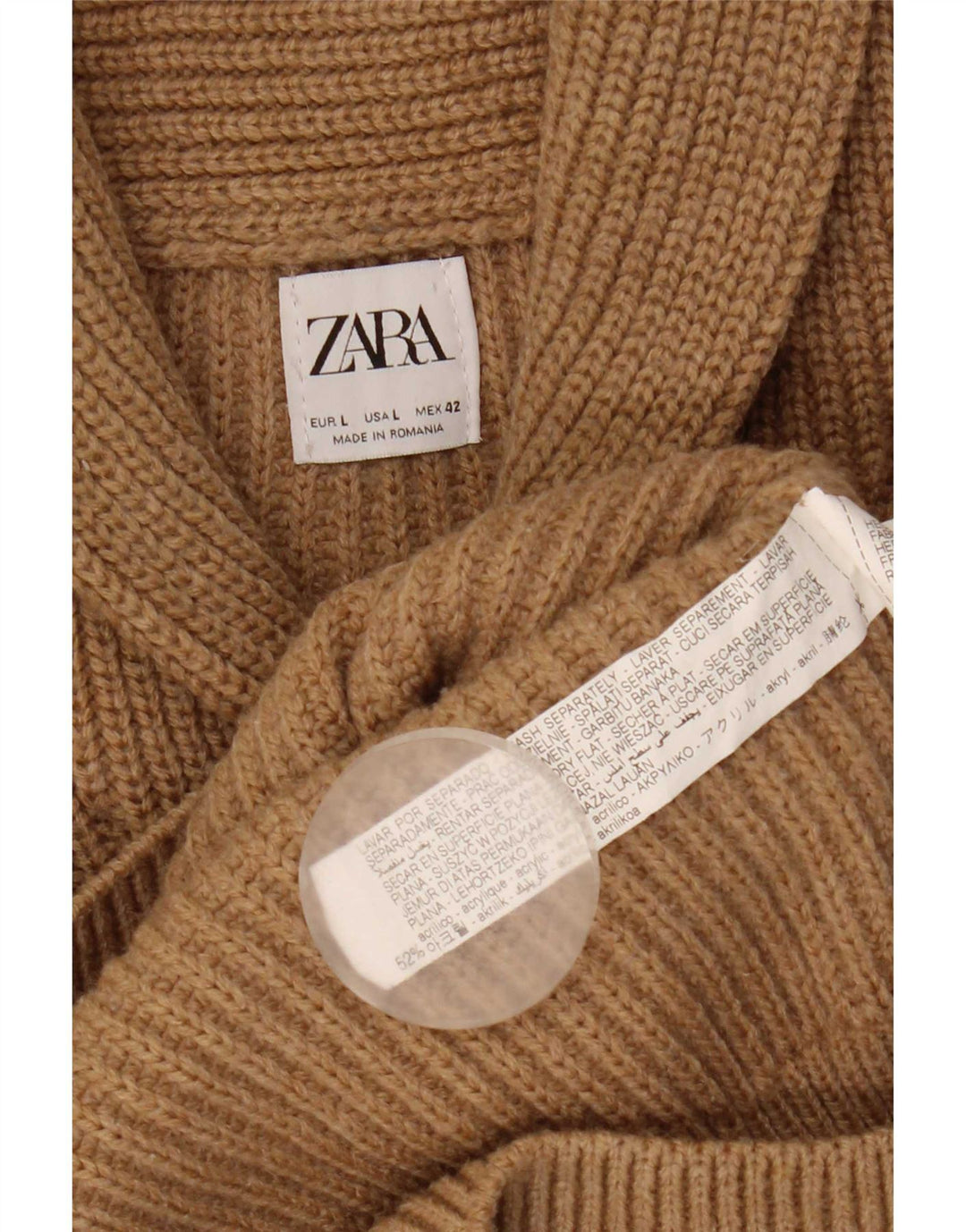 Zara Herren-Pullover mit Schalkragen, groß, beige, Acryl