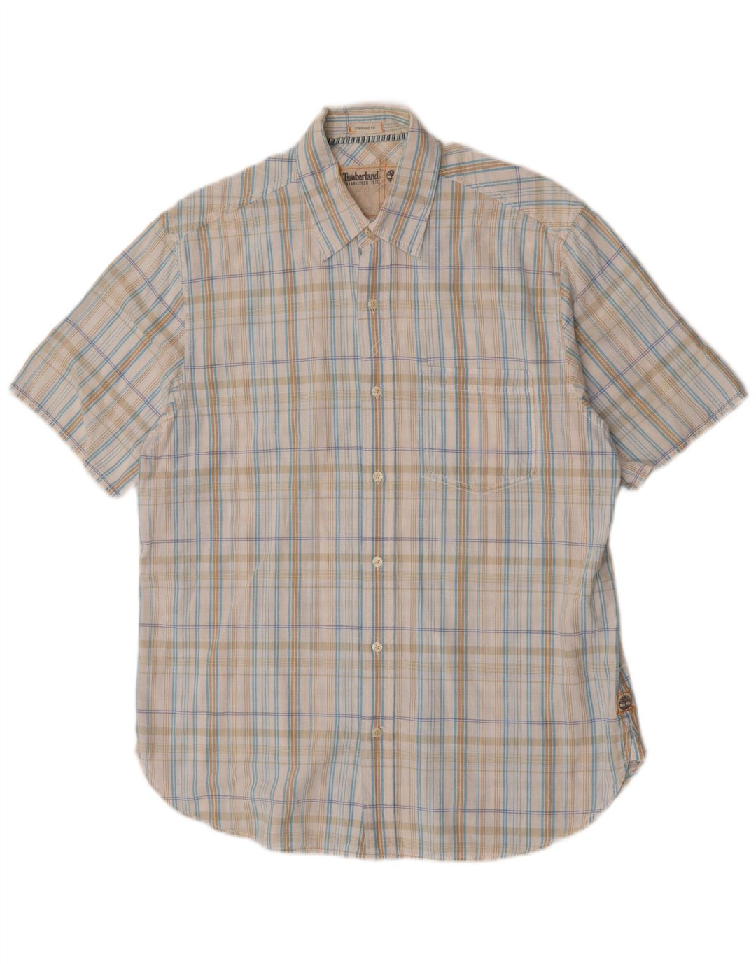 Timberland Herren Kurzarm-Hemd mit Standard-Passform, mittelblau, kariert, Baumwolle