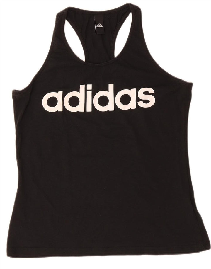 ADIDAS Womens Graphic Vest Top UK 12 Medium Black Cotton