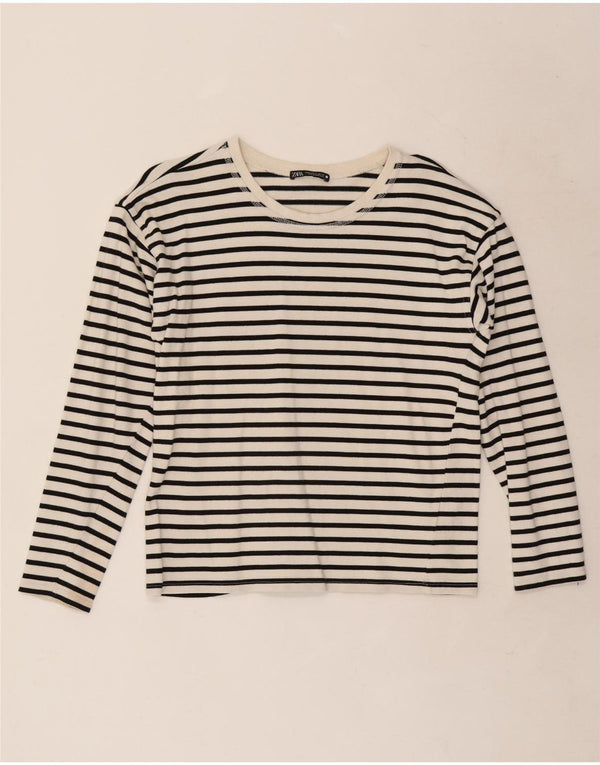 Zara Damen Top Langarm UK 10 Small Weiße Nadelstreifen-Baumwolle
