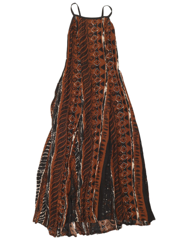Vintage Damen Ärmelloses Maxikleid UK 12 Mittelbraune geometrische Viskose