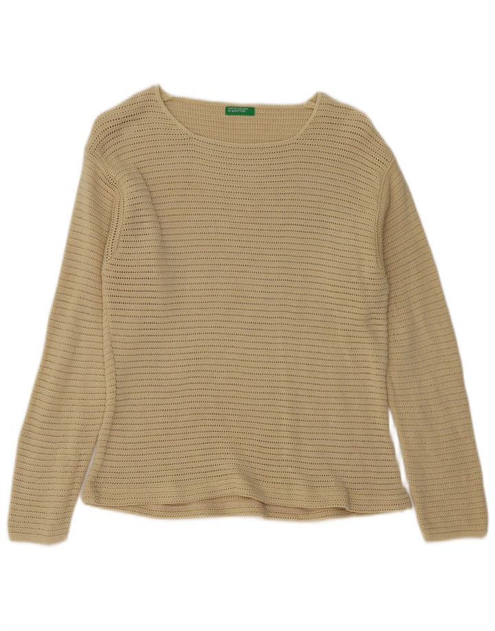 BENETTON Damen-Häkelpullover mit U-Boot-Ausschnitt, UK-Gr. 12, mittelbeige Baumwolle