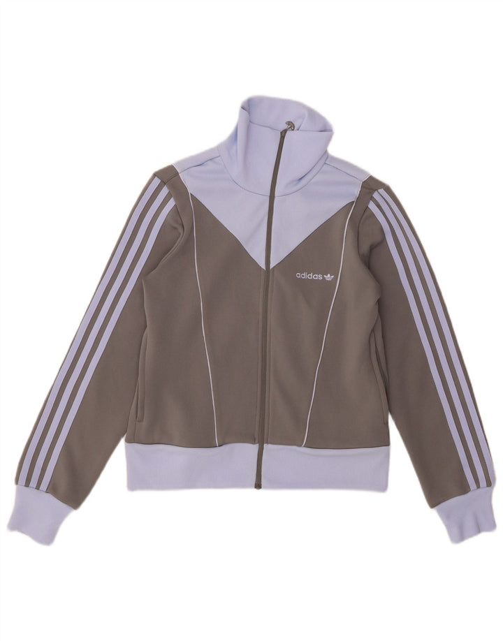 Adidas Damen-Trainingsanzug-Oberteiljacke UK 12 Mittelgraues Colourblock-Polyester