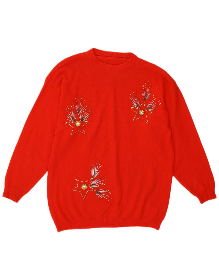 Vintage Damen Pullover mit abstraktem Muster und Rundhalsausschnitt, Gr. 14, Mittelrot