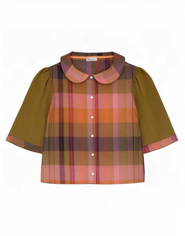 Vintage Damen Kurzarm-Hemdbluse UK 8 Small Khaki Plaid Leinen