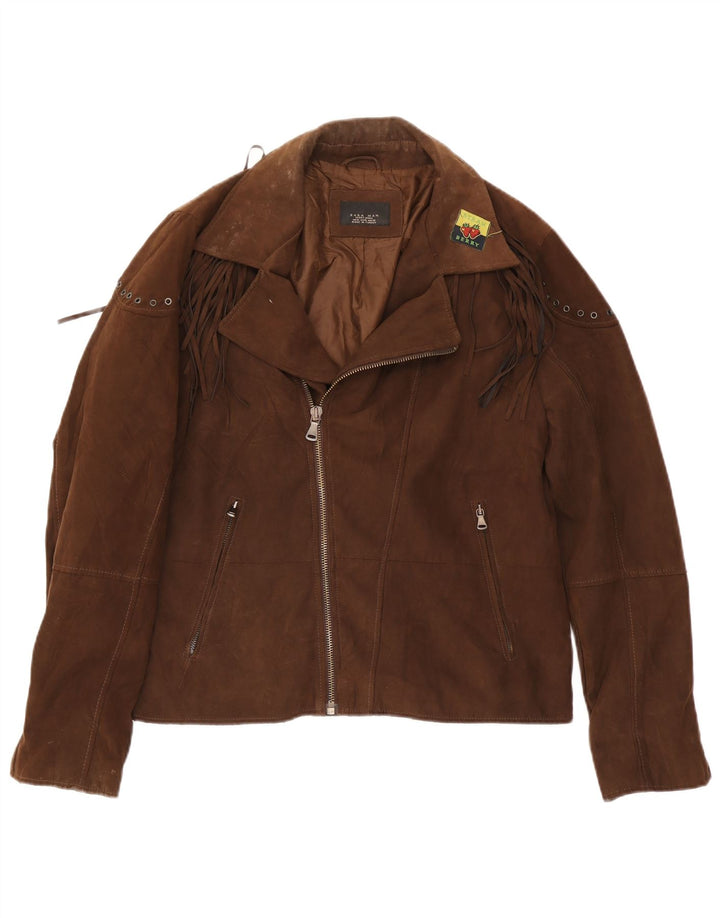 Zara Herren-Bikerjacke aus Wildlederimitat, UK 42, XL, braun, Polyester