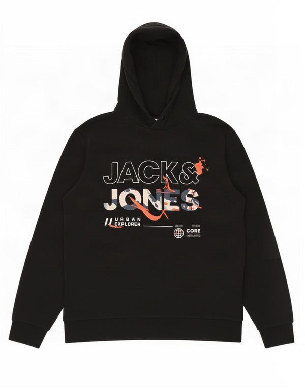 Jack & Jones Mens Graphic Hoodie Jumper XL Black Cotton