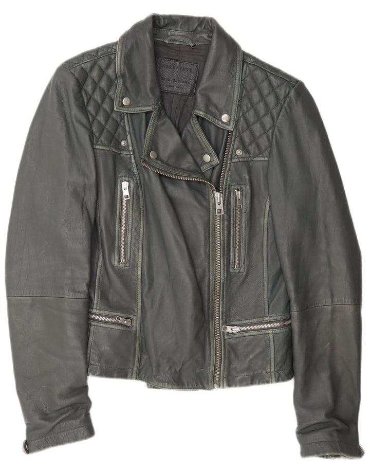 All Saints Damen Leder Bikerjacke UK 12 Mittelgrau