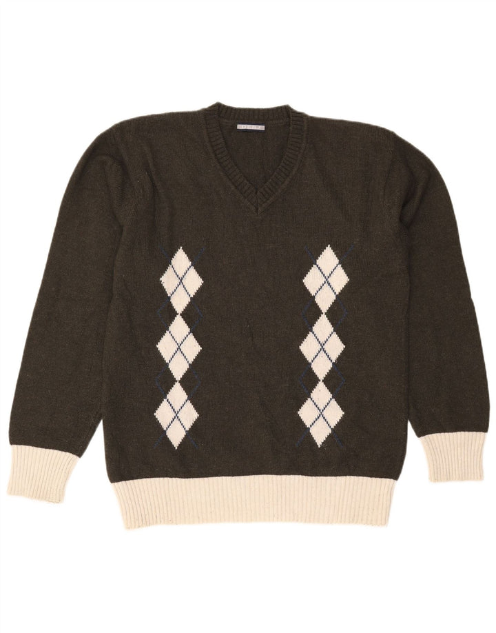 Vintage Herren Pullover mit V-Ausschnitt, groß, Khaki, Argyle/Diamantwolle