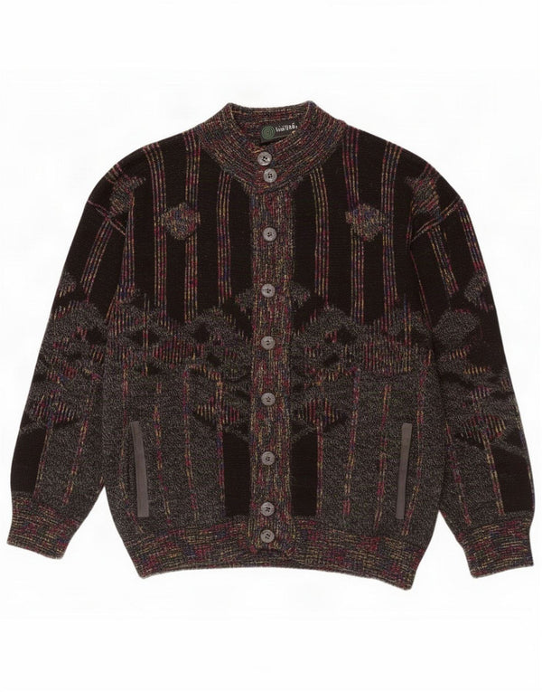 Tris Line Herren-Cardigan-Pullover EU 54 XL Schwarze geometrische Wolle