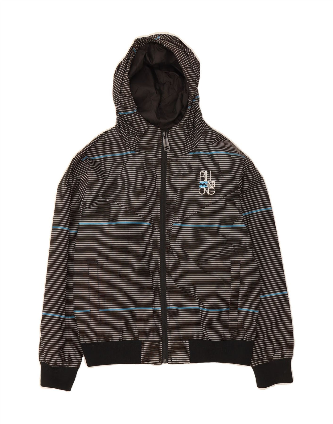 BILLABONG Boys Hooded Bomber Jacket 9-10 Years Black Pinstripe Polyester Vintage Billabong and Second-Hand Billabong from Messina Hembry 