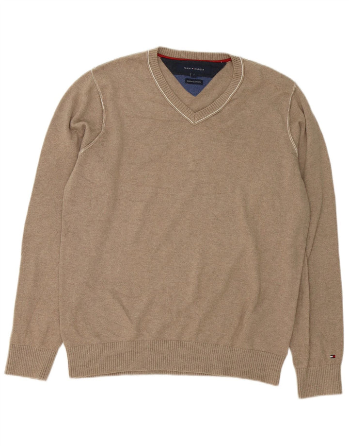 Tommy Hilfiger Herren-Pullover mit V-Ausschnitt, Größe S, graue Baumwolle