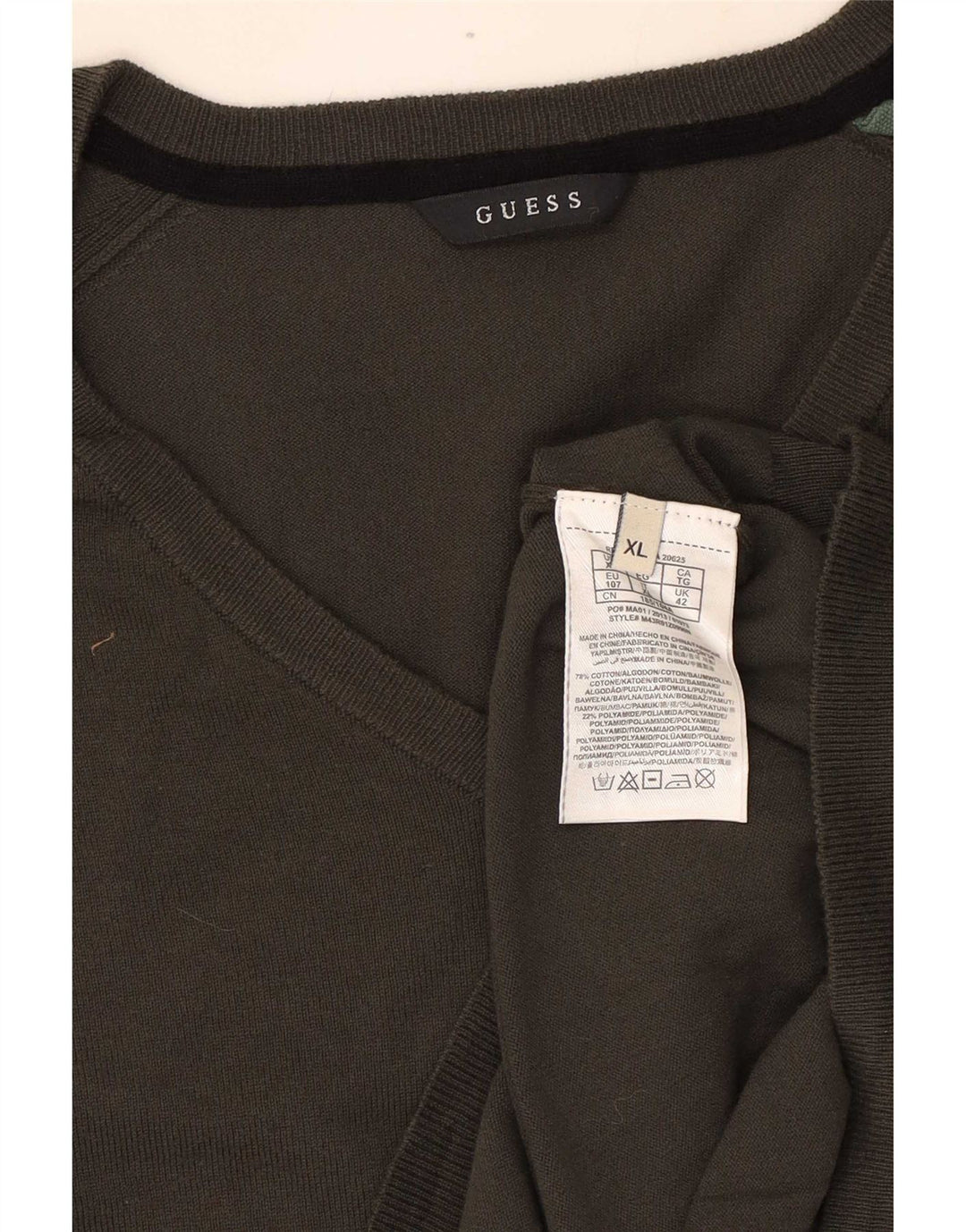 Guess Herren-Pullover mit V-Ausschnitt, XL, Khaki, Baumwolle
