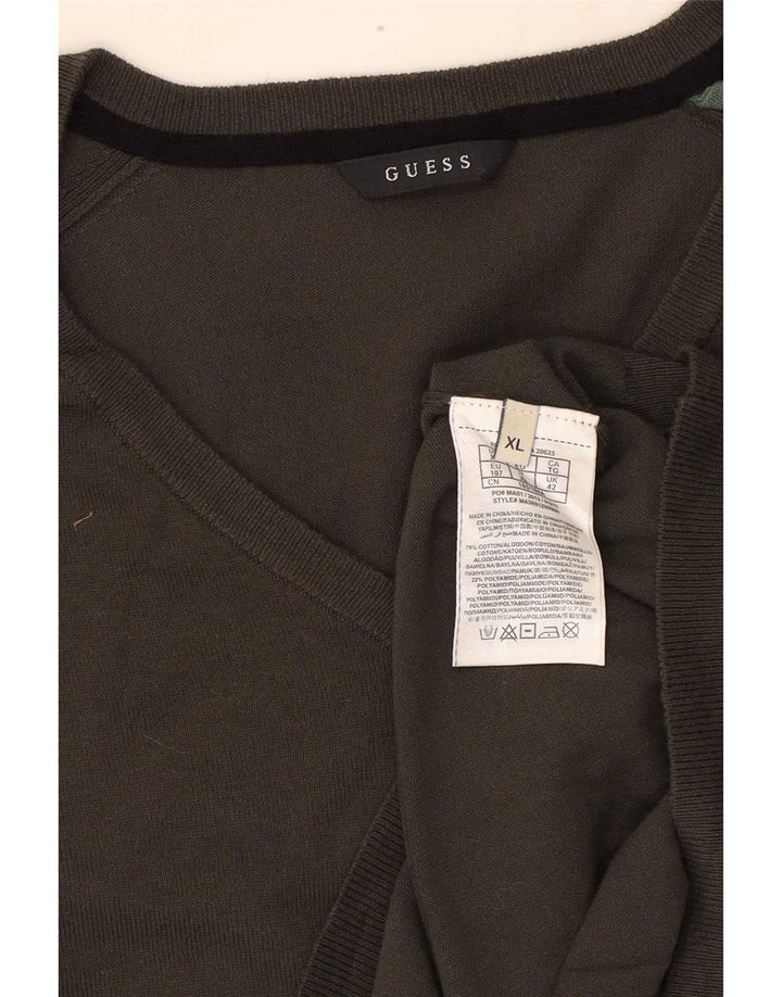 Guess Herren-Pullover mit V-Ausschnitt, XL, Khaki, Baumwolle