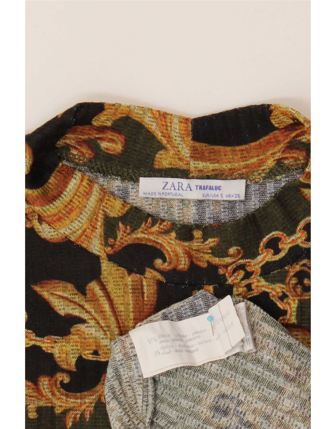 Zara Damen Crop Top Langarm UK 10 Small Schwarz Paisley Polyester