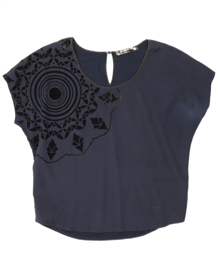 Desigual Womens Graphic Bluse Top UK 16 Large Marineblau Geometrisch