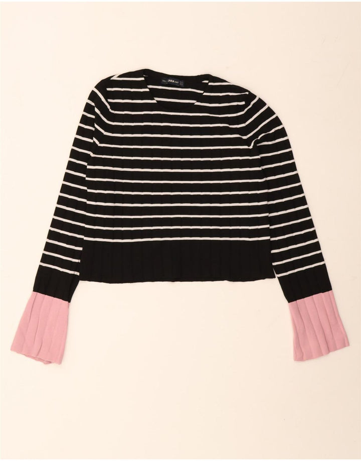 Zara Damen Crop Top Langarm UK 10 Small Schwarz gestreift Polyamid