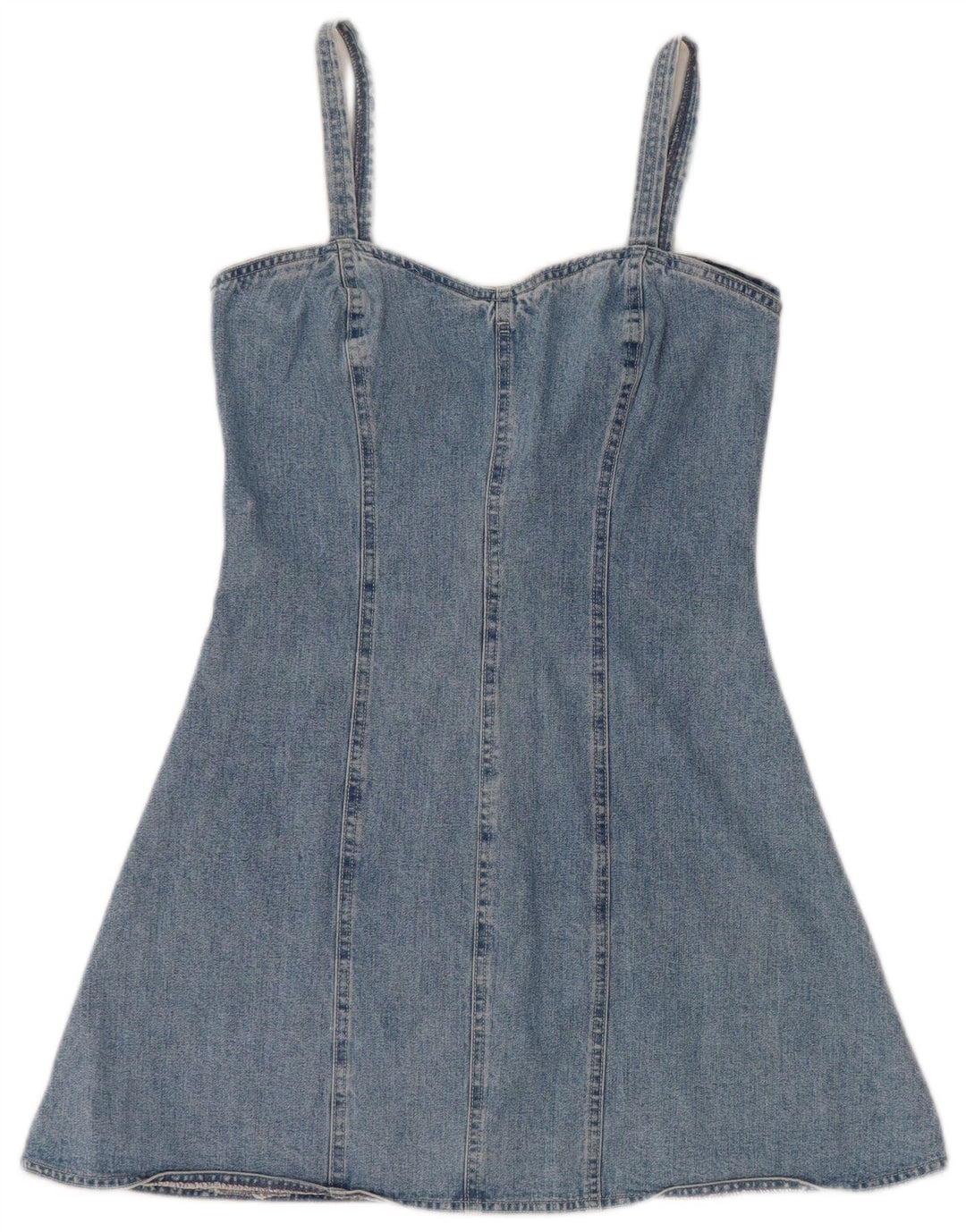 Vintage Damen Ärmelloses Mini-Jeanskleid UK 12 Mittelblaue Baumwolle