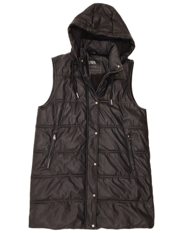 Zara Damen Longline-Weste aus Kunstleder mit Kapuze, UK 16, Größe L, Schwarz, Polyester