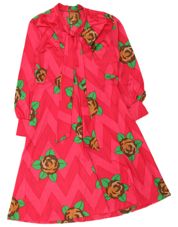 Vintage Damen A-Linien-Kleid mit langen Ärmeln und Bindeband vorne, UK 12, Mittelrosa mit Blumenmuster