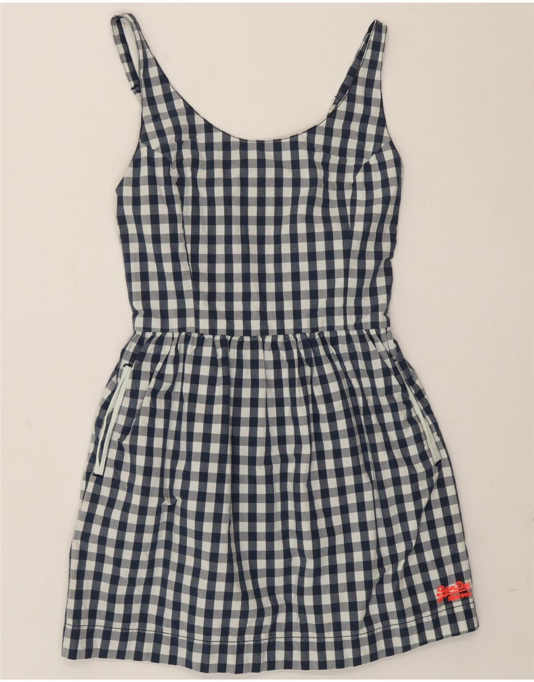 Superdry Damen-Sommerkleid, Größe S, Marineblau, Gingham-Baumwolle, UK 10