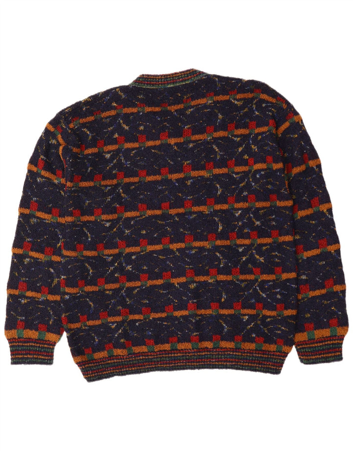 VINTAGE Herren Pullover mit V-Ausschnitt XL Marineblaue geometrische Wolle