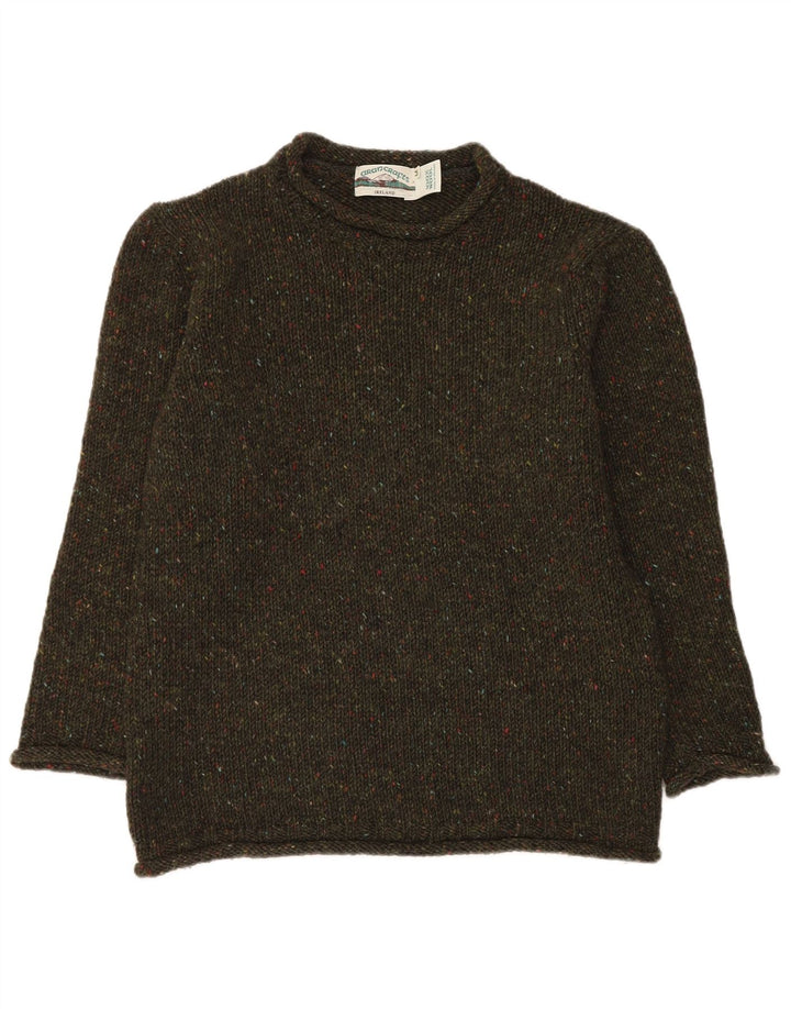 Aran Crafts Herren-Pullover mit U-Boot-Ausschnitt, mittlerer Khaki-gefleckter Wolle