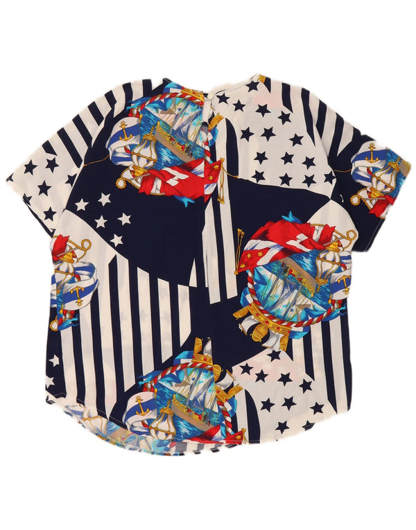 VINTAGE Damen Bluse Top UK 10/12 Medium Navy Blue Colourblock