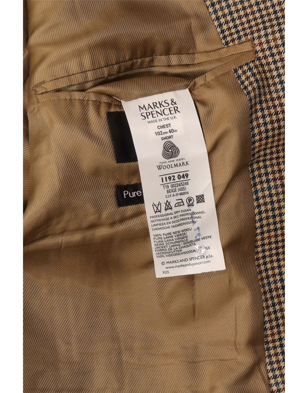 Marks & Spencer Herren-Blazer mit 2 Knöpfen, UK 40, mittelbeige karierte Wolle