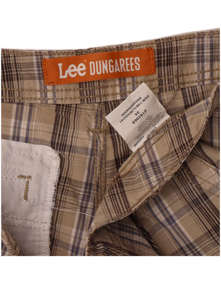 LEE Herren Latzhose Cargoshorts W34 Große beige karierte Baumwolle