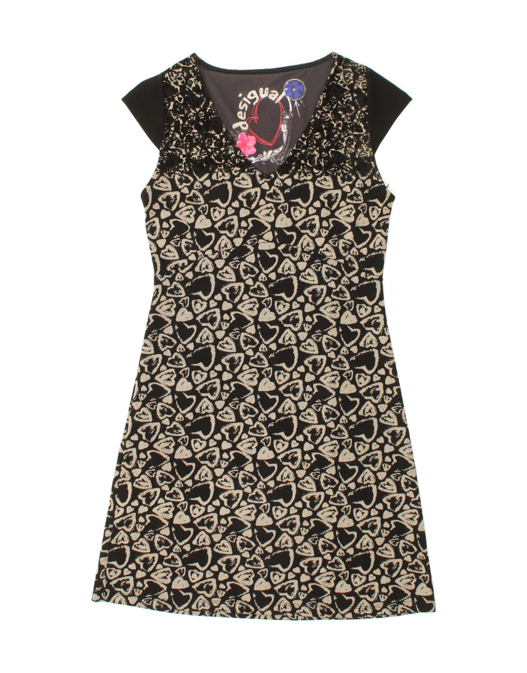 DESIGUAL Womens Abstract Pattern Graphic A-Line Dress UK 12 Medium Black Vintage Desigual and Second-Hand Desigual from Messina Hembry 
