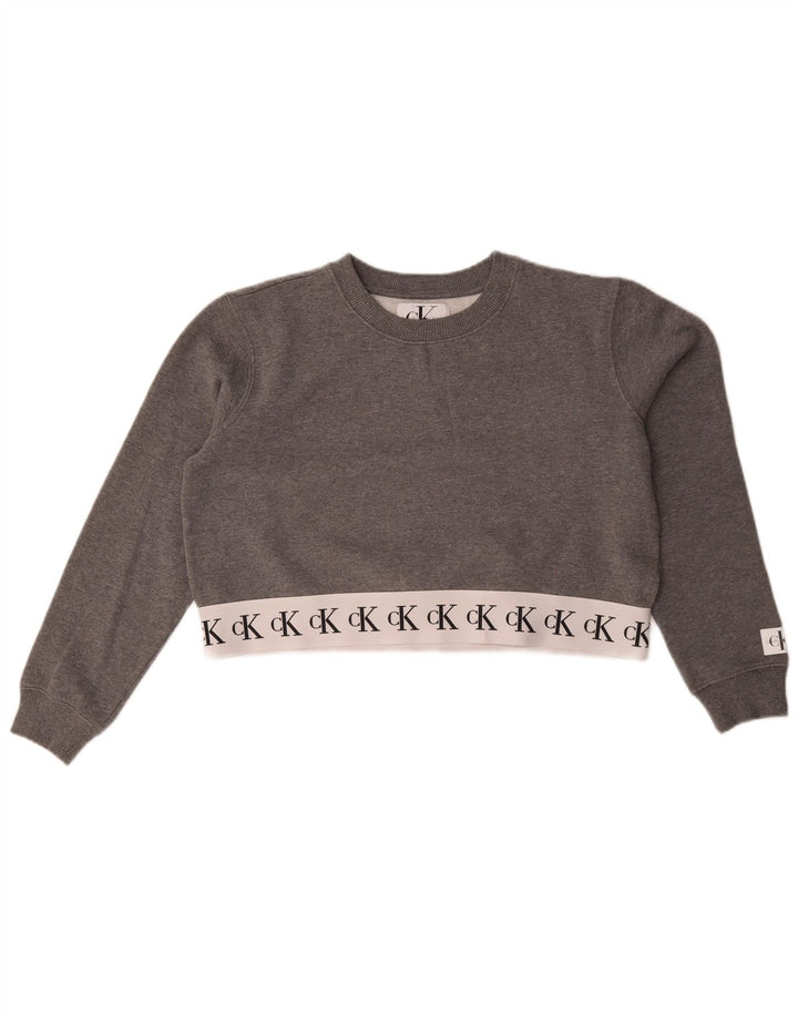 Calvin Klein Jeans Damen Crop Sweatshirt Pullover UK 14 Mittelgrau