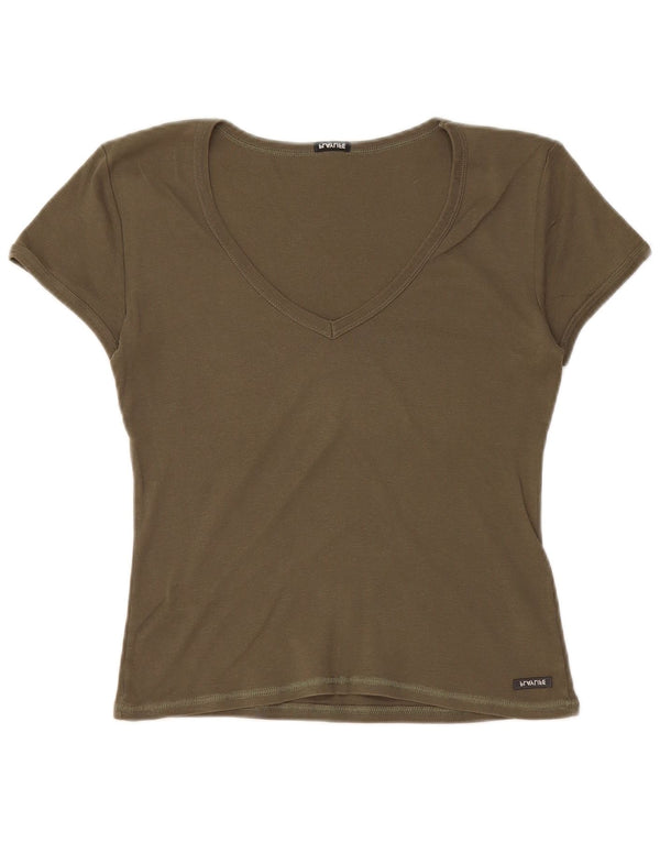 Playlife Damen Crop T-Shirt Top UK 12 Medium Khaki Baumwolle