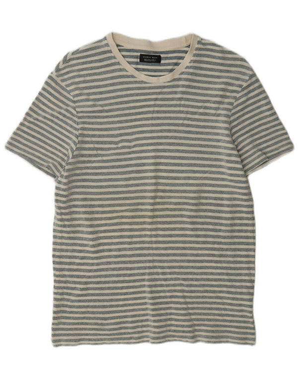 Zara Mens T-Shirt Top Large Grey Striped Cotton