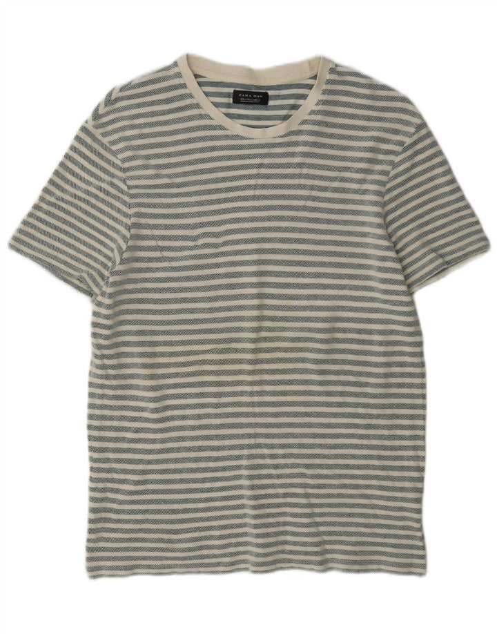 Zara Herren-T-Shirt-Oberteil, groß, grau gestreift, Baumwolle