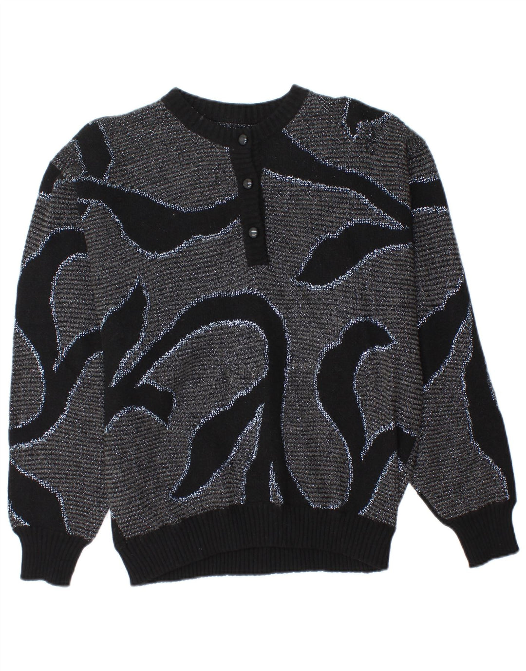 VINTAGE Womens Button Neck Jumper Sweater UK 10 Small Grey Floral