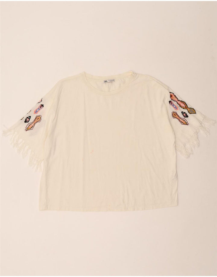 Zara Damen T-Shirt Top UK 16 Large Weiße Baumwolle