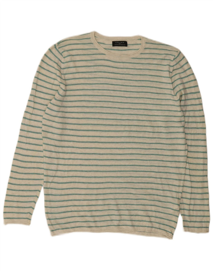 Zara Herren-Pullover mit Rundhalsausschnitt, mittelgrün, gestreift, Baumwolle