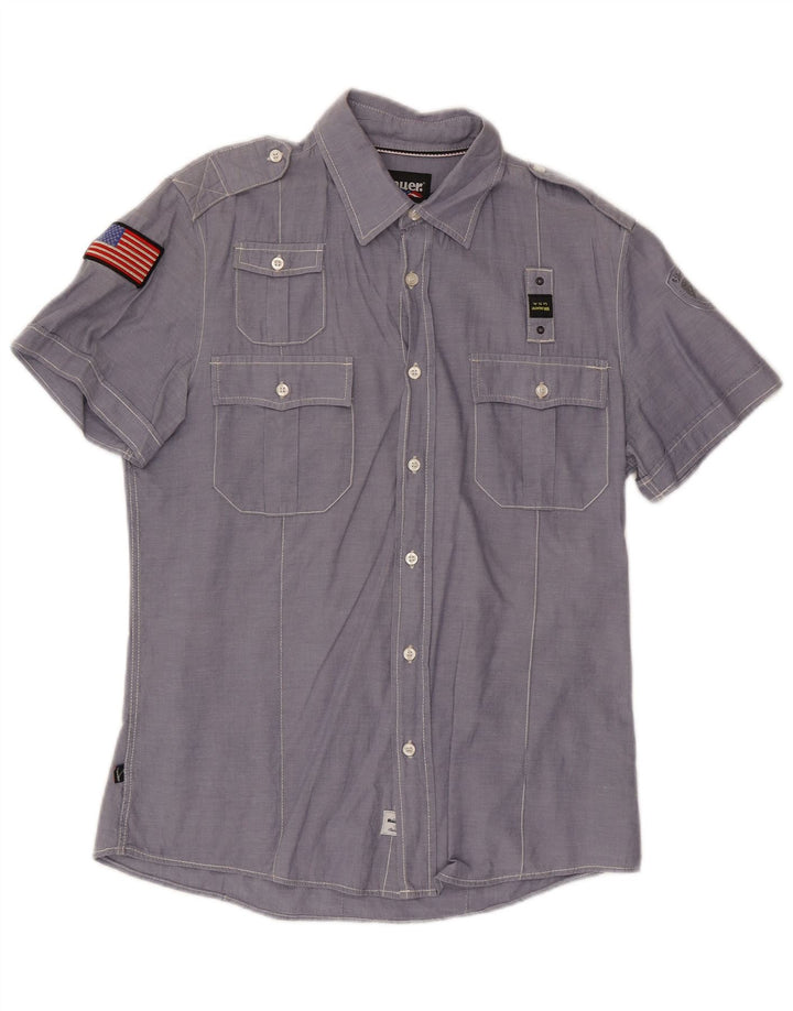 BLAUER Herren-Kurzarm-Militärhemd, groß, aus blauer Baumwolle