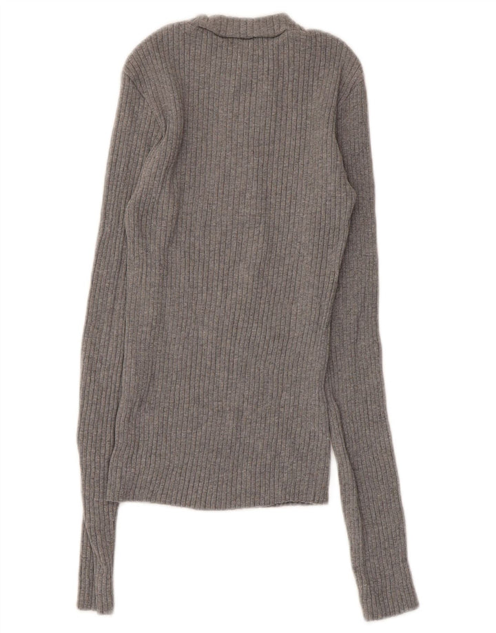 Zara Damen-Pullover mit Knopfkragen, Gr. 8, Größe S, graue Baumwolle