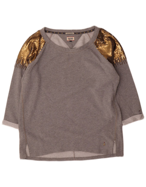 Tommy Hilfiger Damen-Sweatshirt-Pullover UK 16 Large Graue Colourblock-Baumwolle