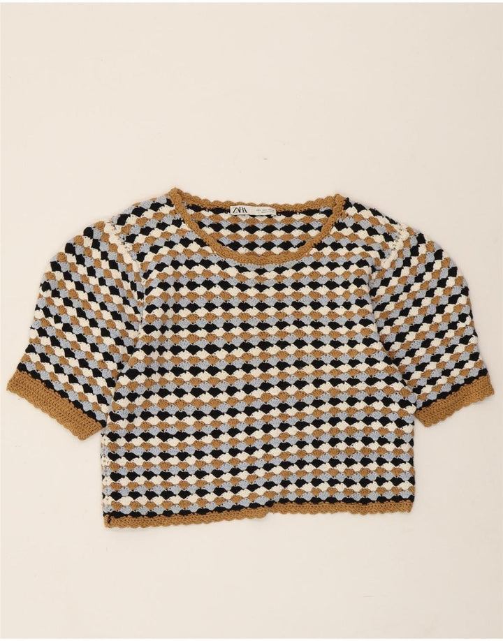 ZARA Damen Crop-Pullover mit U-Boot-Ausschnitt, Gr. 44, Größe L, mehrfarbig