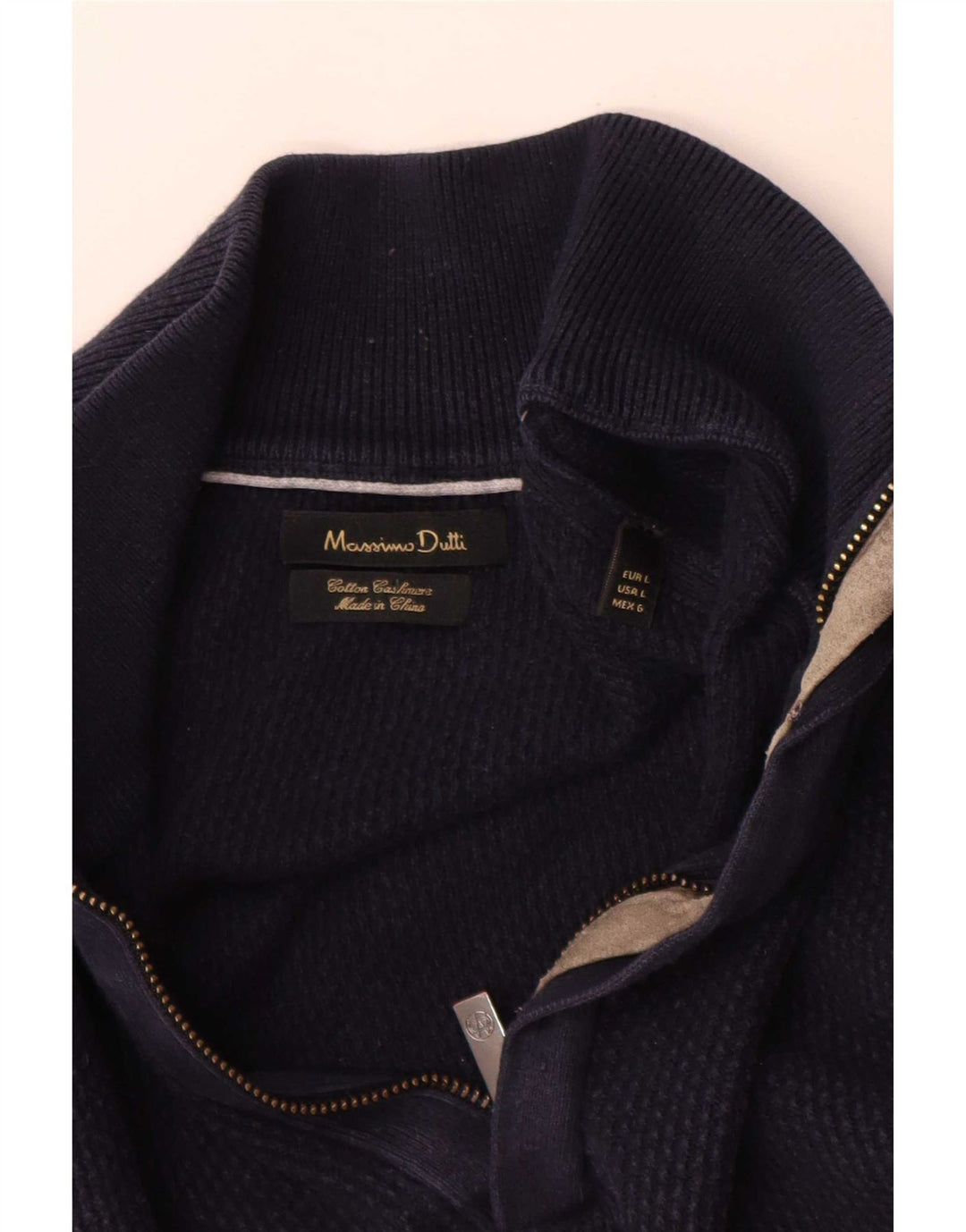 Massimo Dutti Herren-Pullover mit Reißverschluss am Hals, groß, marineblaue Baumwolle