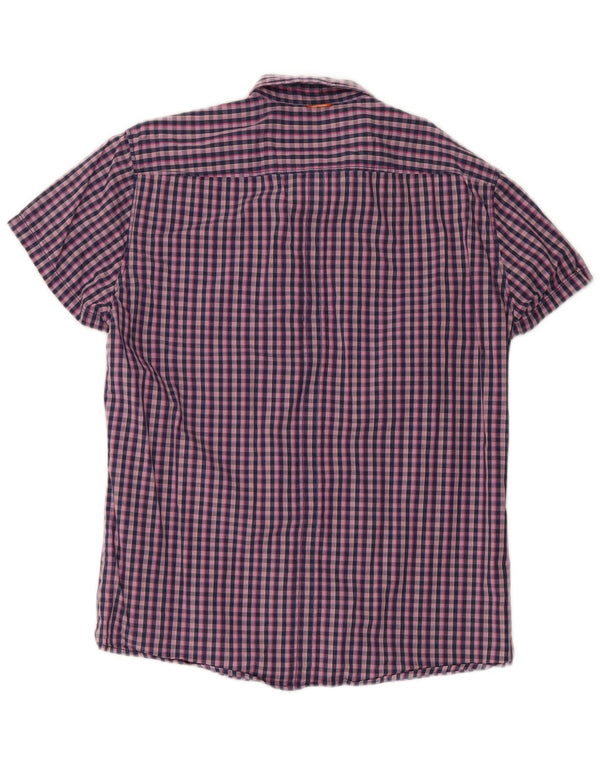 Hugo Boss Mens Short Sleeve Shirt Large Navy Blue Gingham Cotton