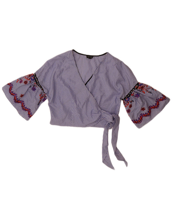 Topshop Damen Crop 3/4 Sleeve Wrap Shirt Bluse UK 14 Large Blau gestreift