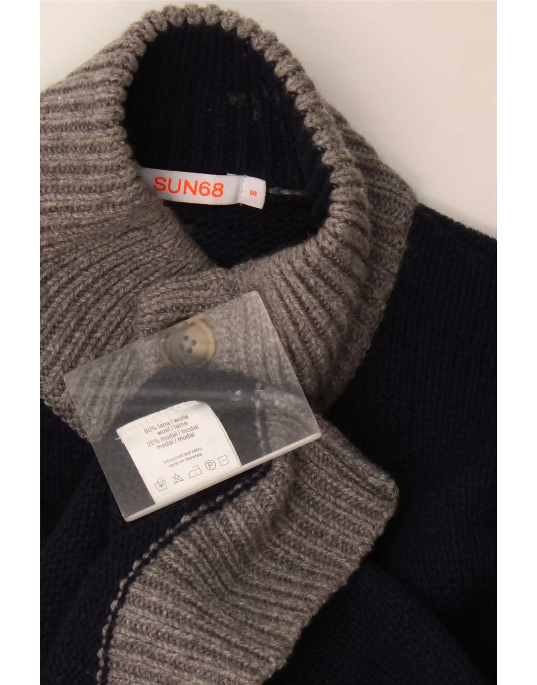 Sun68 Herren-Pullover mit normaler Passform, Knopfkragen, Größe S, marineblaue Wolle