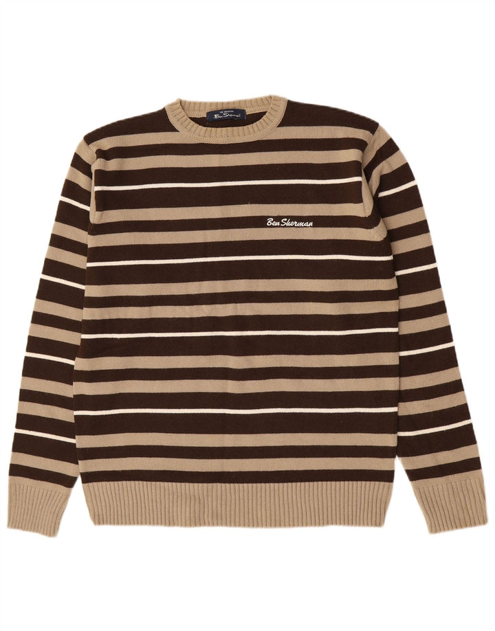 Ben Sherman Herren-Pullover mit Rundhalsausschnitt, mittelbraun, gestreift, Acryl