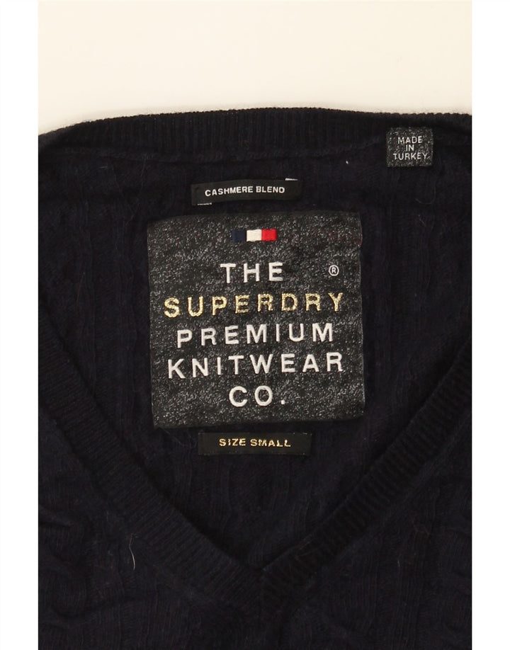 SUPERDRY Womens V-Neck Jumper Sweater UK 10 Small Navy Blue Wool Vintage Superdry and Second-Hand Superdry from Messina Hembry 