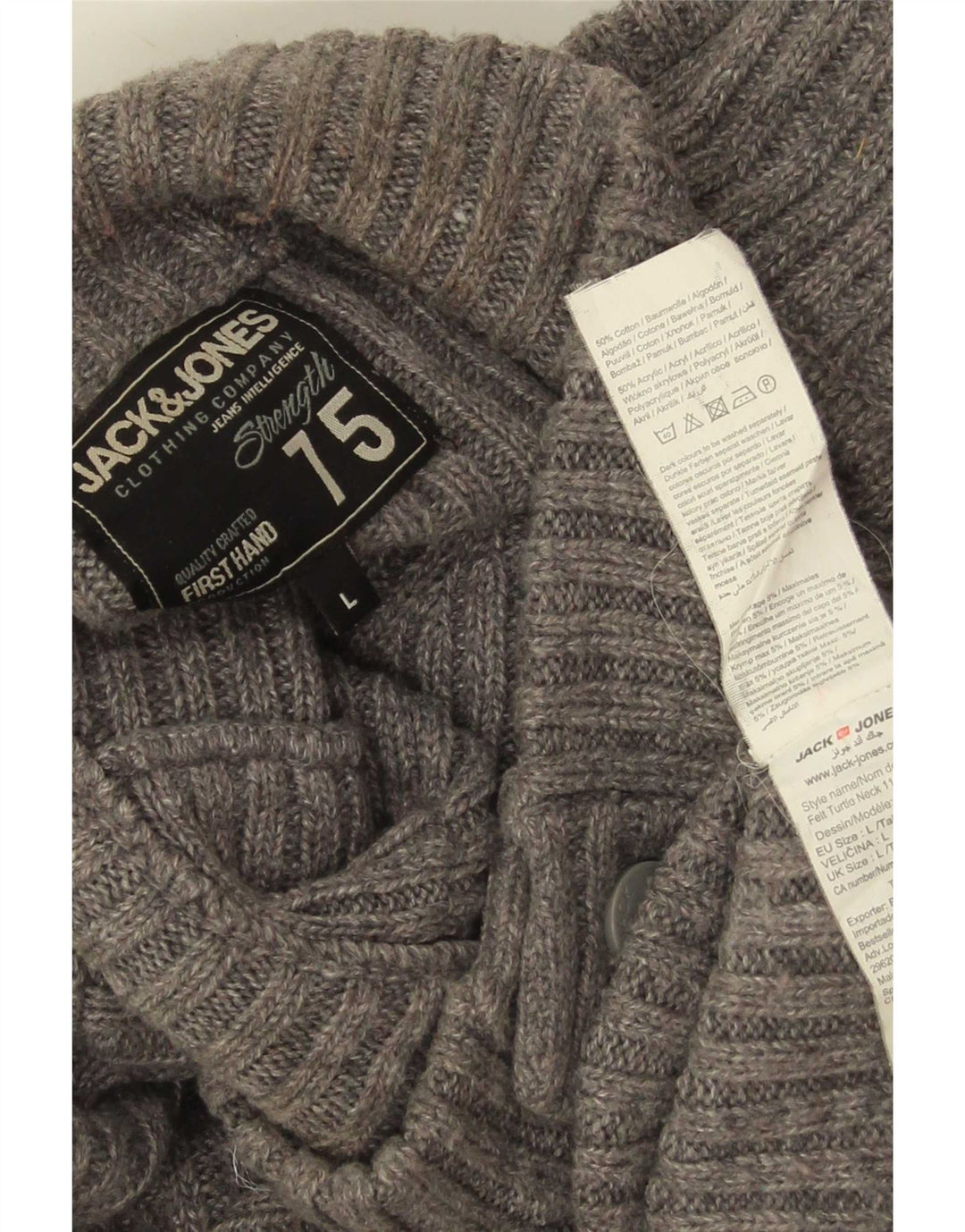 Jack & Jones Herren-Pullover mit Knopfkragen, Größe L, aus grauer Baumwolle