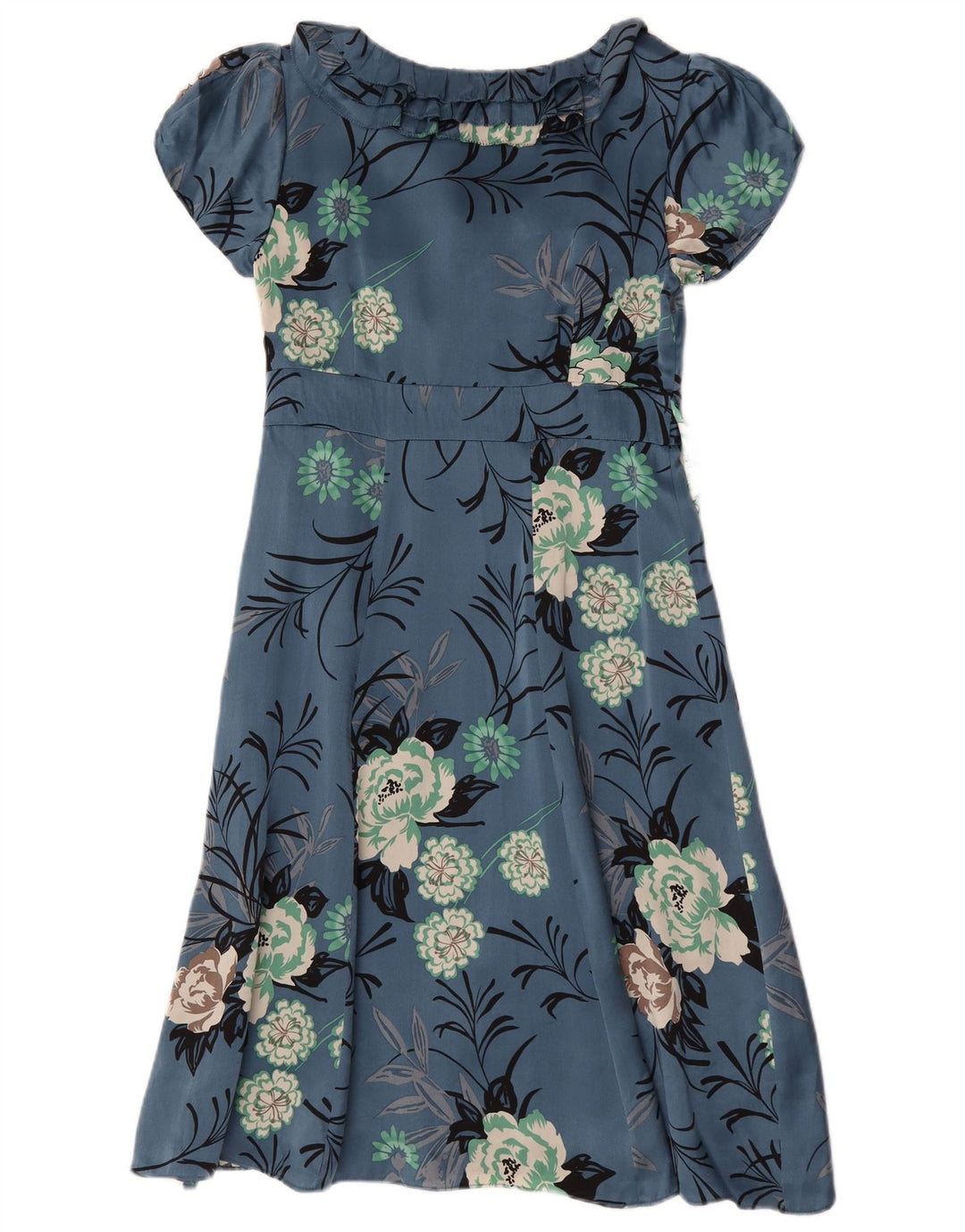 Monsoon Damen-A-Linien-Kleid mit Rüschen vorne, UK-Größe 12, mittelblaue Blumenseide